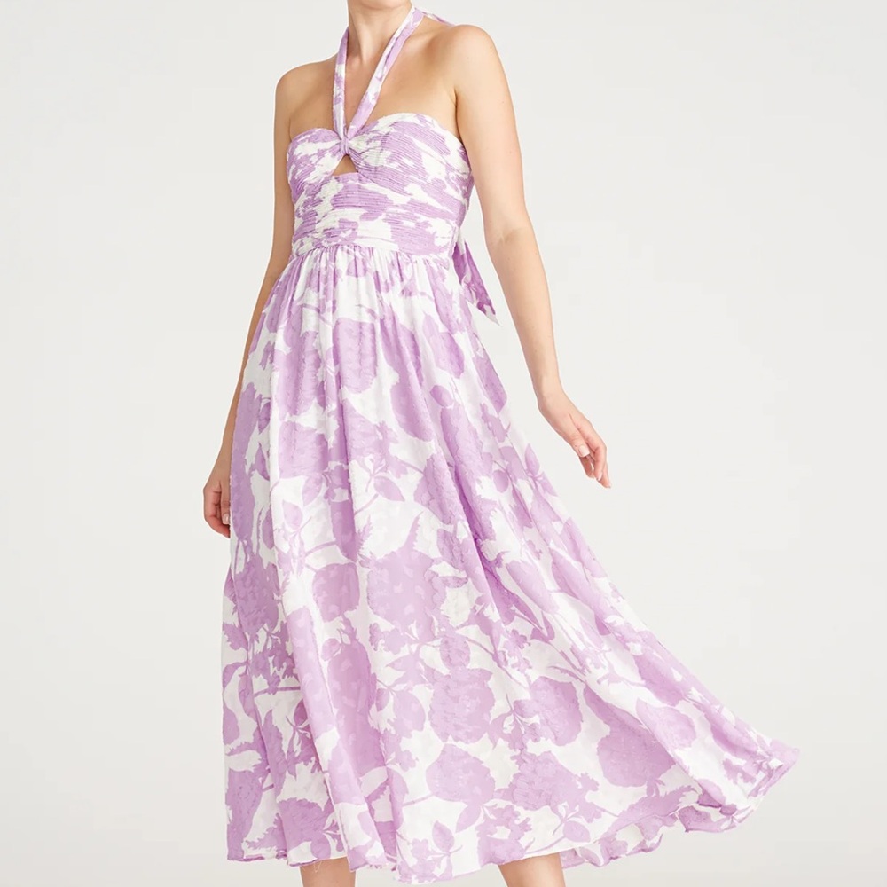 AMUR Selina Floral Halter Midi Dress Lavender White Cutout A-Line Size 4